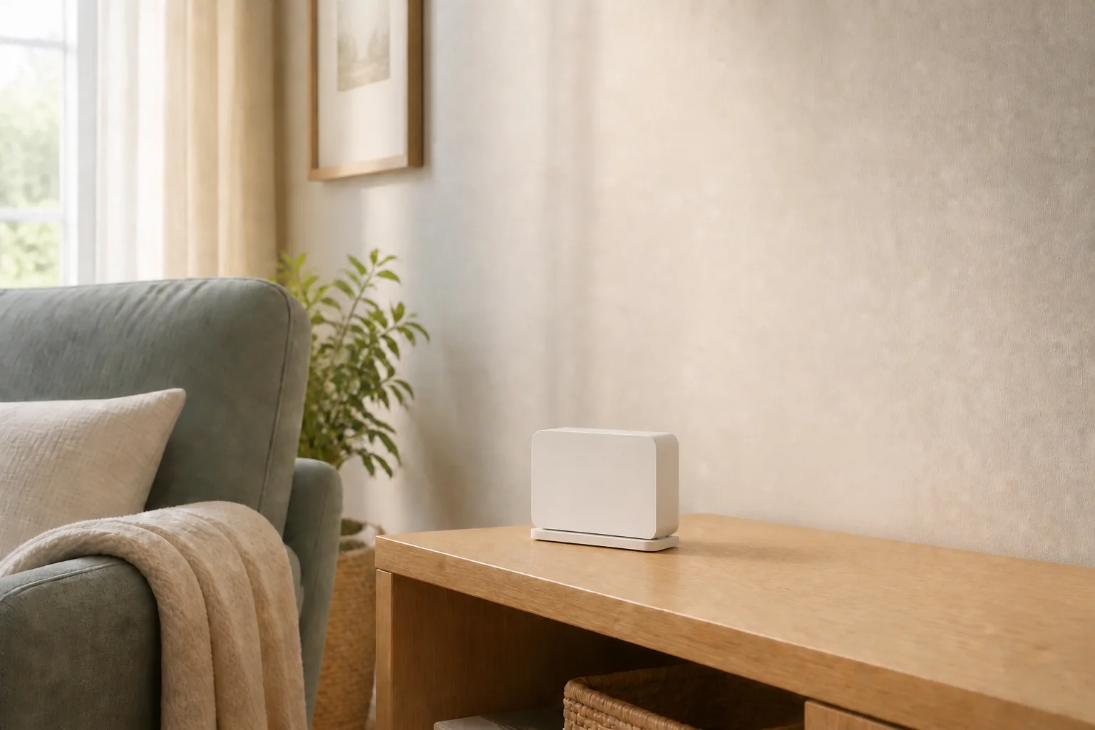 The small, cream-colored Senecta pod on a table beside a living room armchair